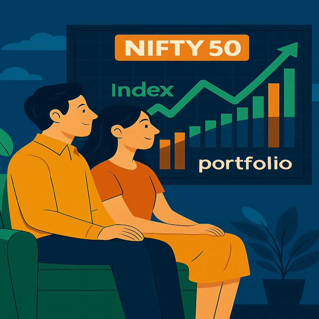 A minimalist illustration showing a happy investing couple relaxing while watching the index and their portfolio grow over time on a chart.
