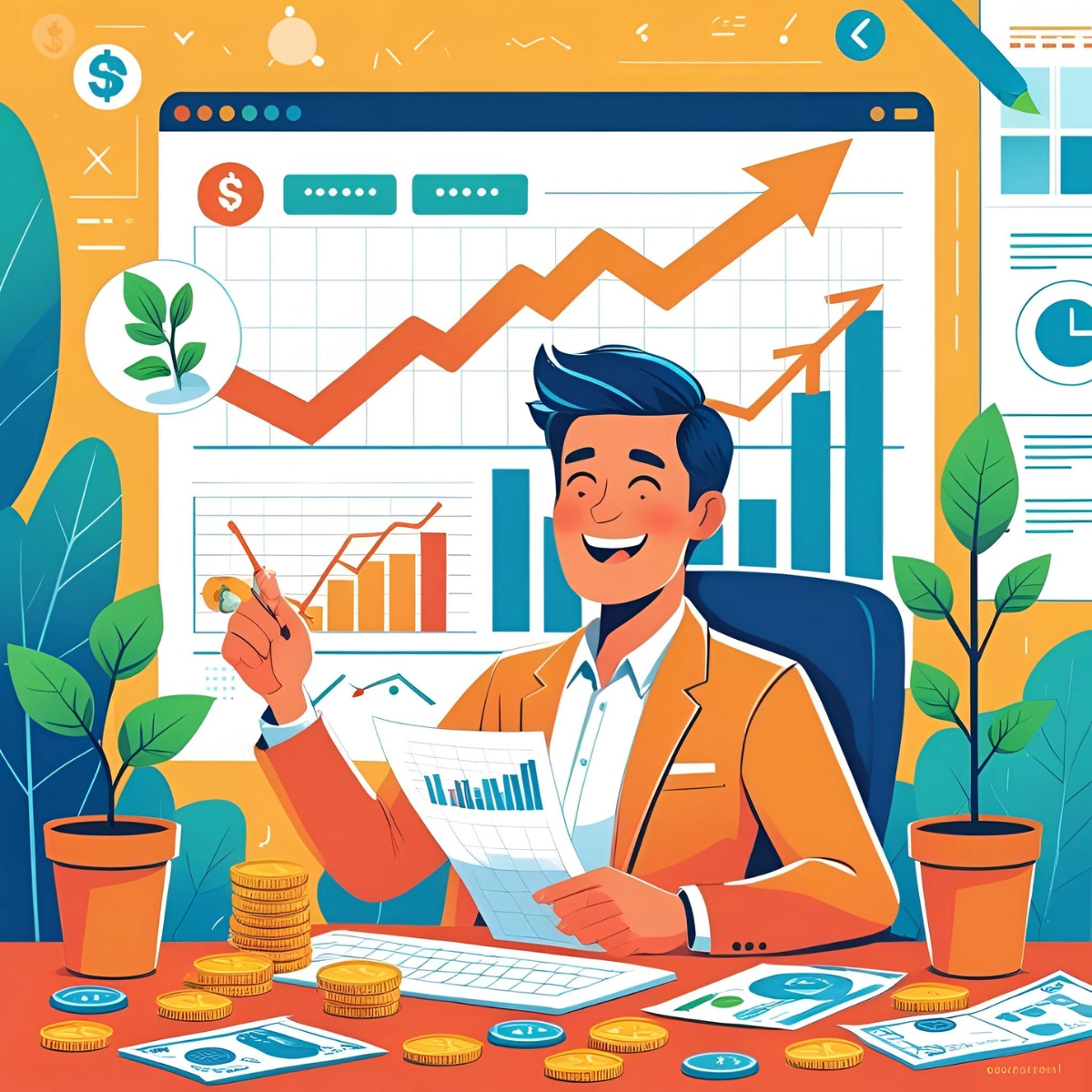 Illustration of a smiling investor reinvesting dividends, surrounded by growing plants, rising financial charts, coins, and reports—symbolizing wealth creation through compounding.