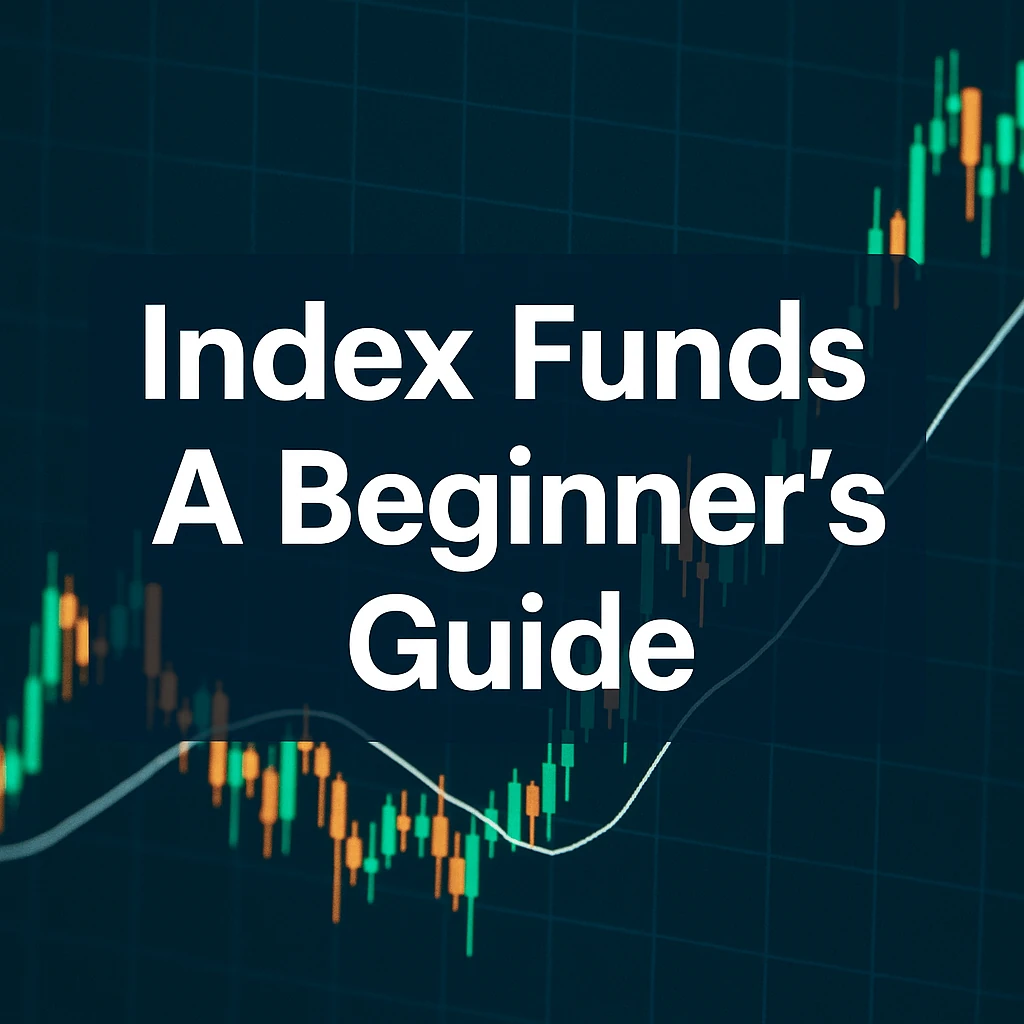 Text reading 'Beginner's guide to Index Funds' overlaid on a faded background of a financial candle chart.