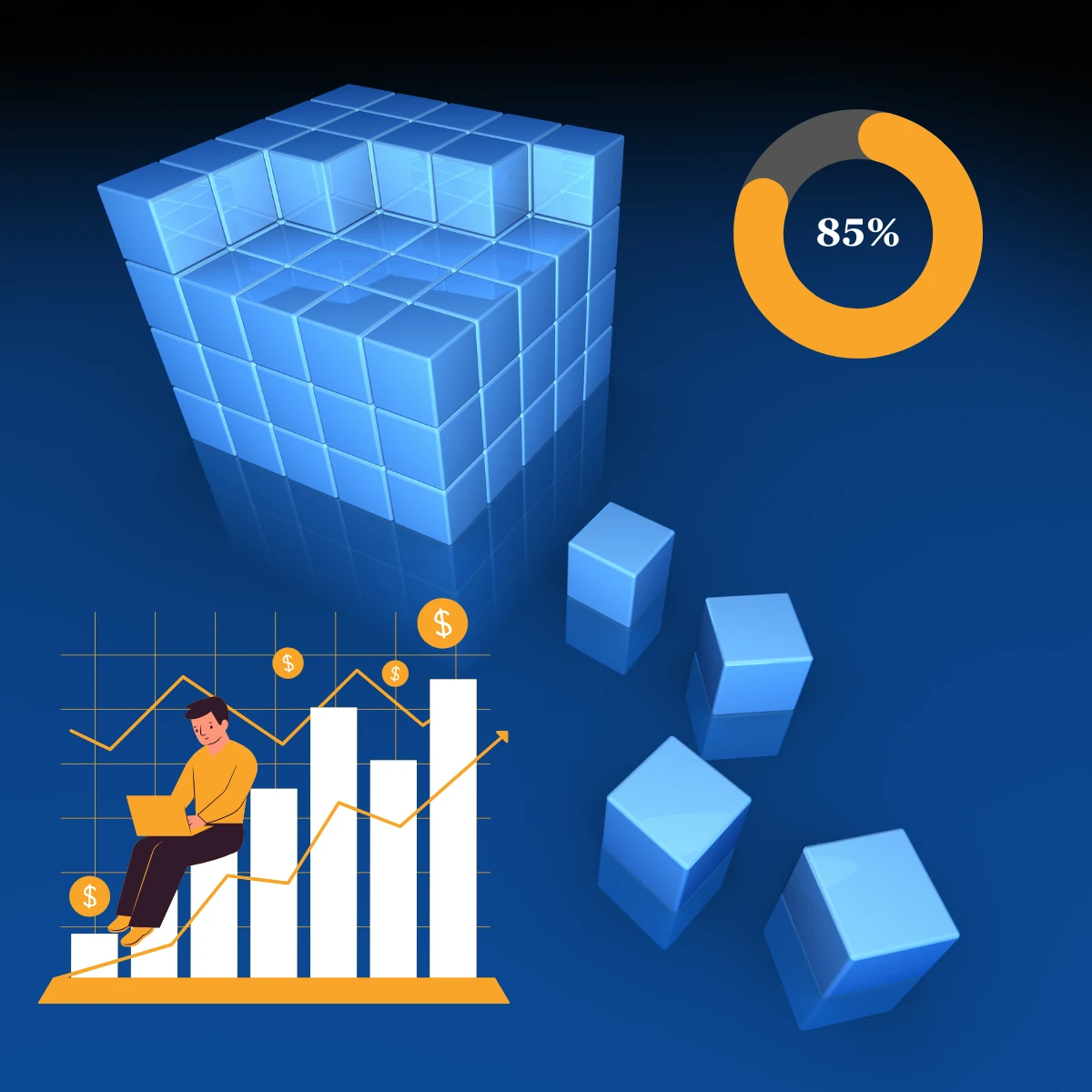 Conceptual illustration of value investing analysis: partially built cube structure, 85% completion data point, and a figure working on a laptop over a financial growth chart.