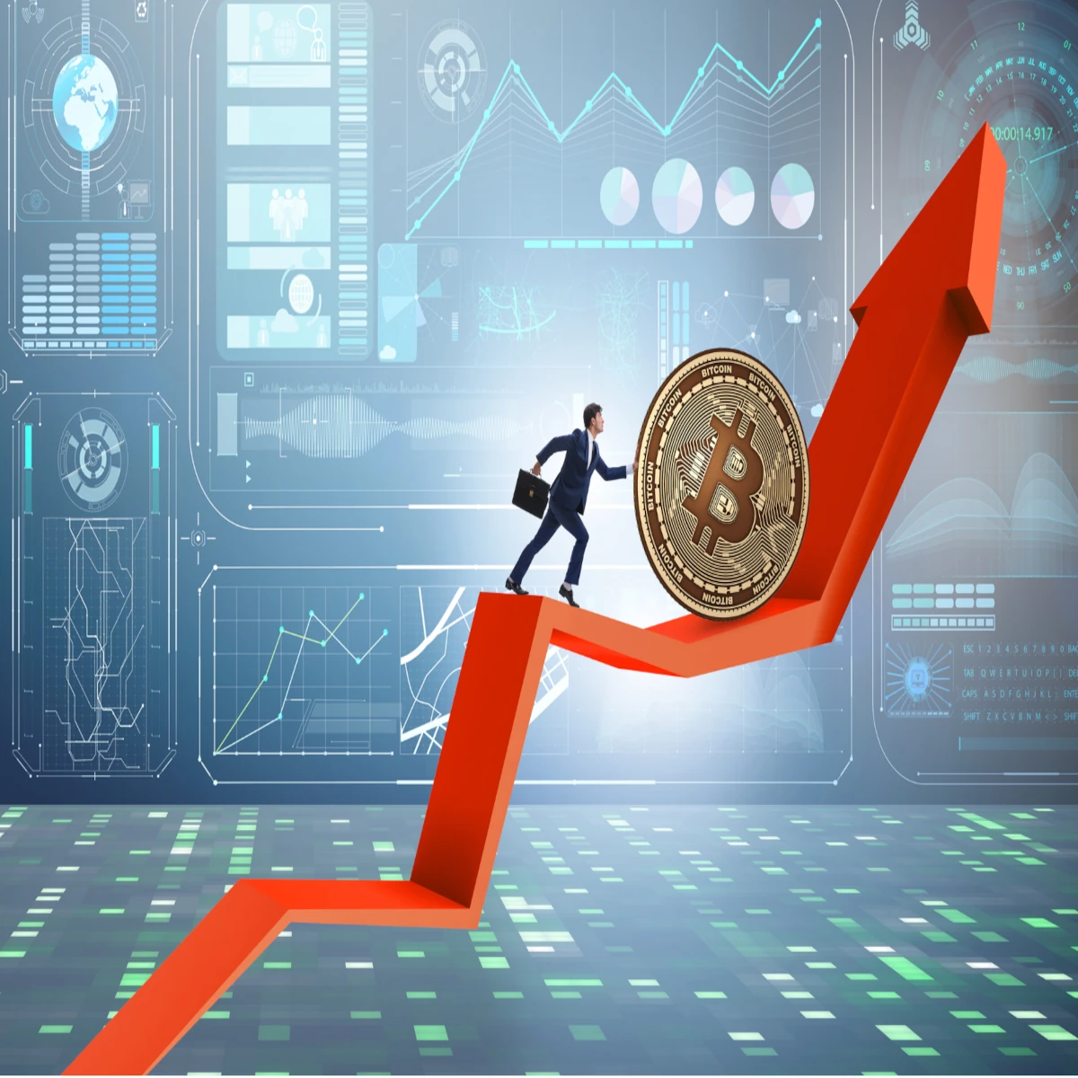 An illustrative image showing an upward share market graph and a person pushing his wealth on its chart.