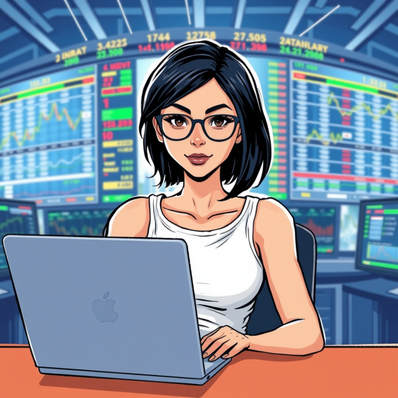 a comic style image showing a woman doing share trading from her laptop