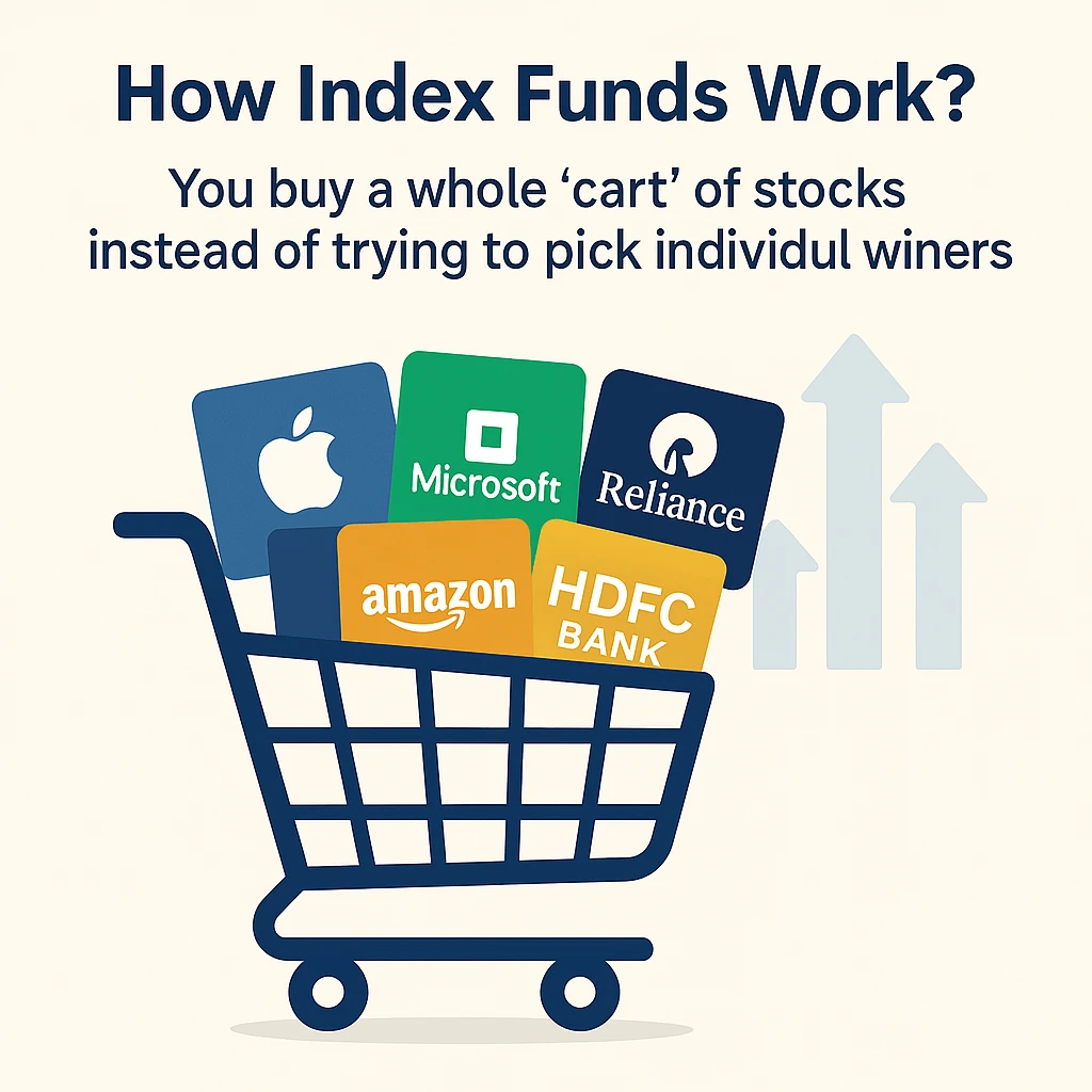 An illustrative image showing how investing in an index is equivalent to shopping with a cart full of many well known companies.