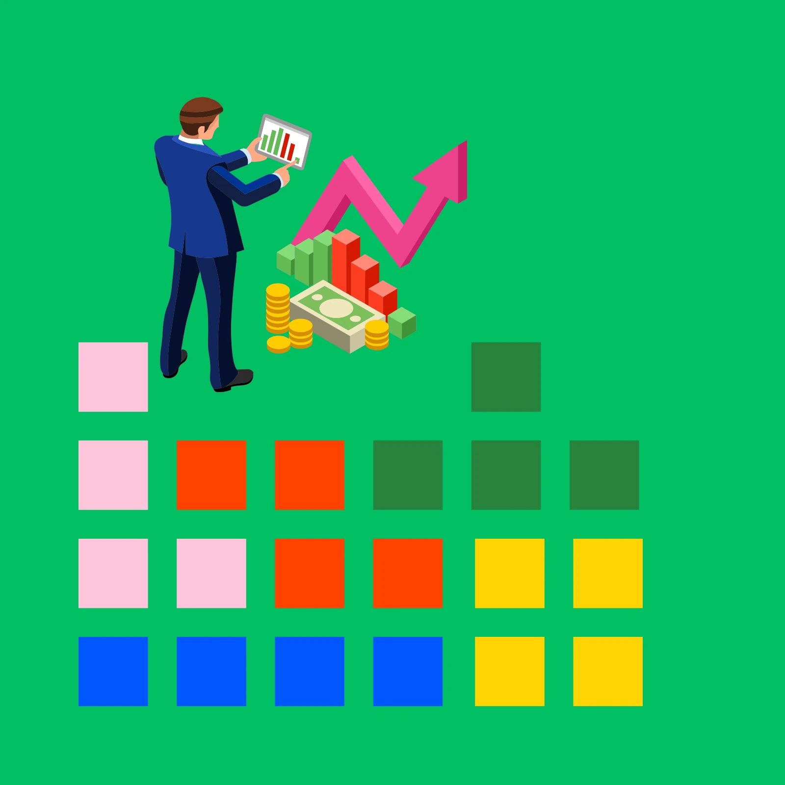 Conceptual illustration of dividend reinvesting: a person analyzing growth of his investments on a tablet by standing over a colorful grid of rising blocks representing portfolio accumulation.