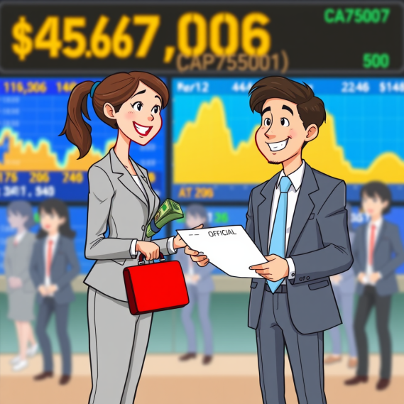 a comic style image illustrating a female investor trading money in exchange of a company's shares